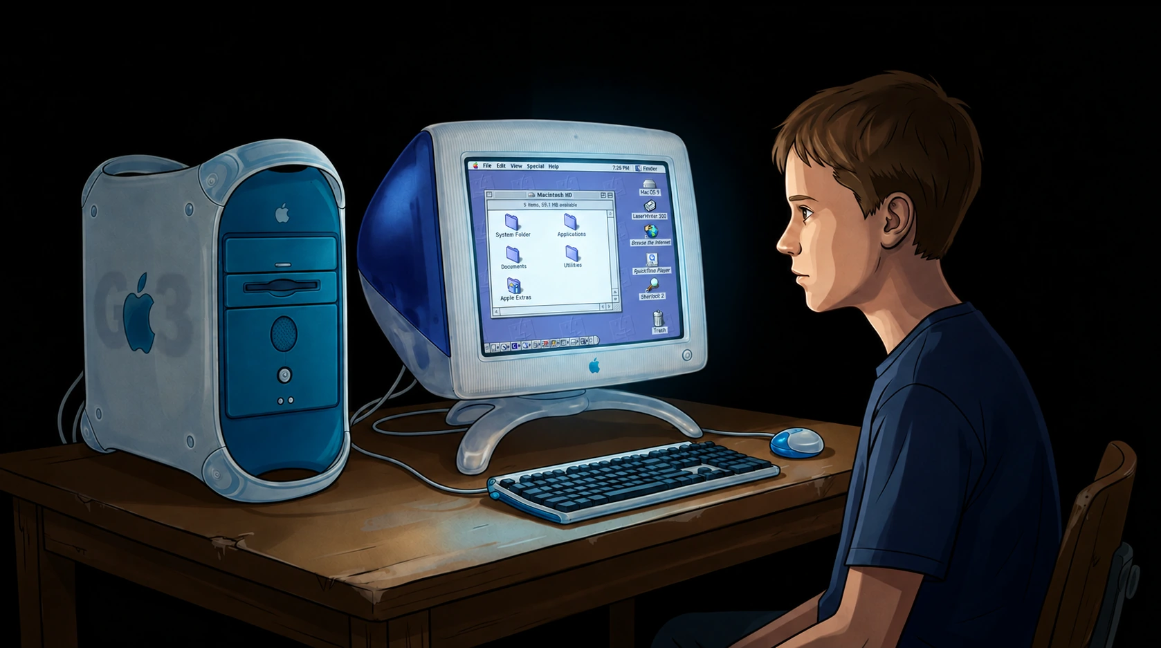 An illustration of a teenager using a blue-and-white Power Macintosh G3 tower with a separate Apple CRT display showing the Mac OS 9 Platinum desktop, keyboard, and round USB mouse